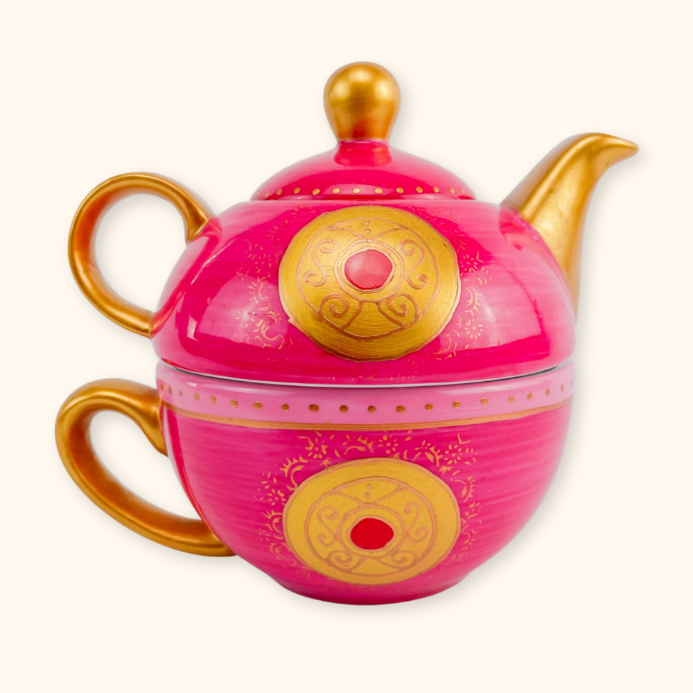 Pink and Gold Tea For One Teapot and Cup