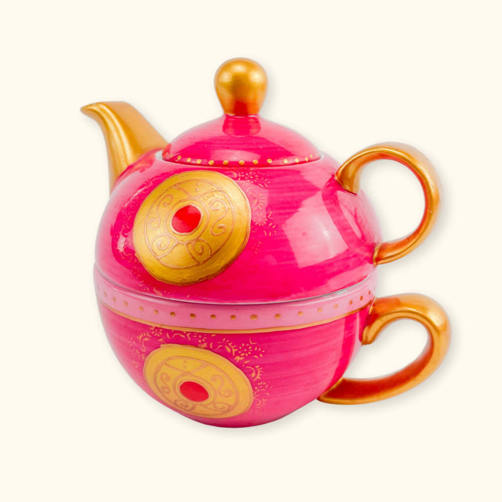 Pink and Gold Tea For One Teapot and Cup