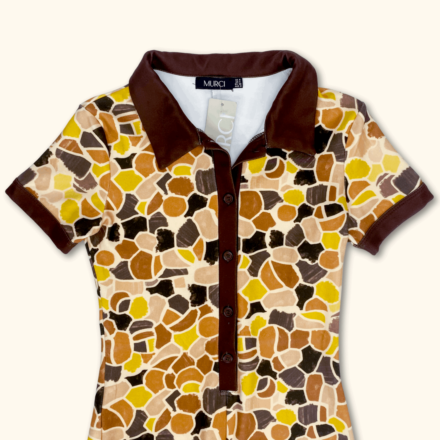 Murci 70s Inspired Brown Short Sleeve Patterned Playsuit - Size 8 - Murci - Playsuits