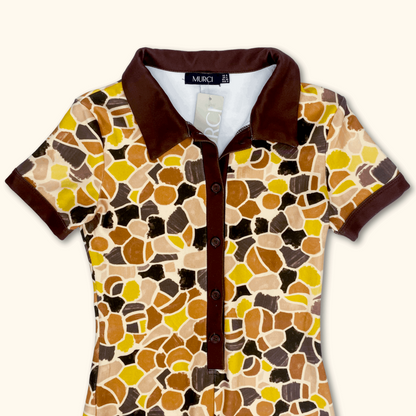 Murci 70s Inspired Brown Short Sleeve Patterned Playsuit - Size 8 - Murci - Playsuits