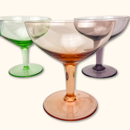 Multi-Coloured Shrunken Champagne Coupe Glasses - Set of 4 - Sunshine Thrift - Kitchenware