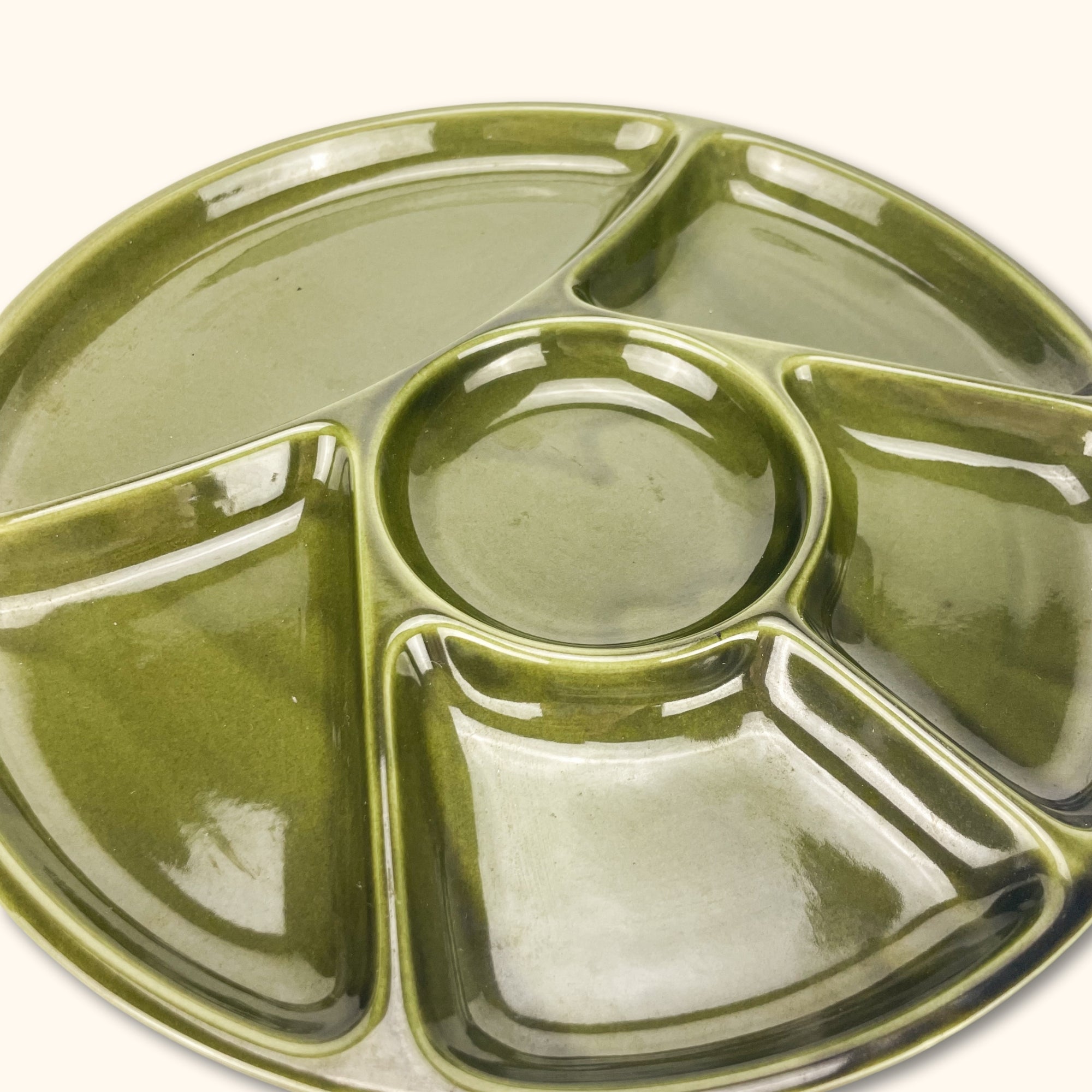 Olive Green Vintage Round Section Snack Plate - Sunshine Thrift - Kitchenware