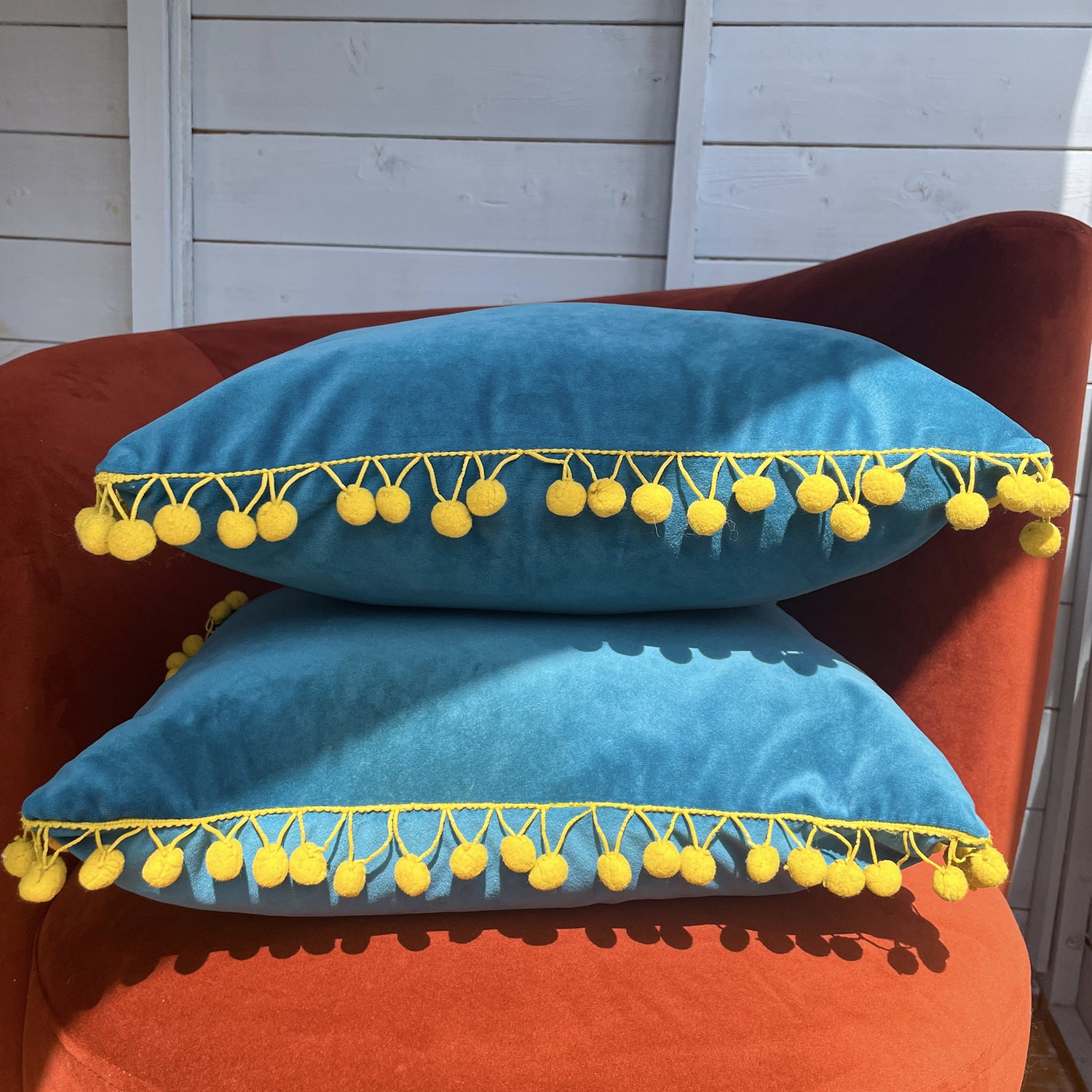 Teal Pom Pom Velvet Square Cushion Cover - Sunshine Thrift - Cushion covers