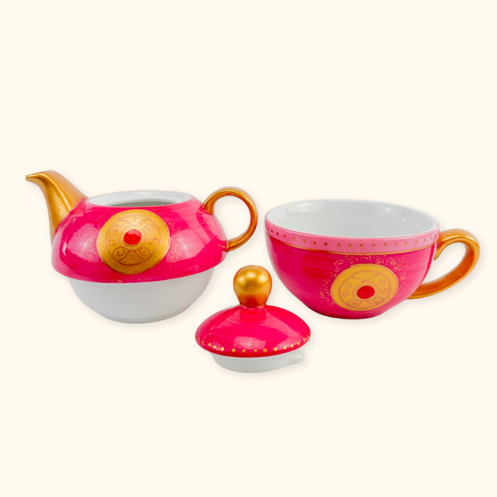 Pink and Gold Tea For One Teapot and Cup