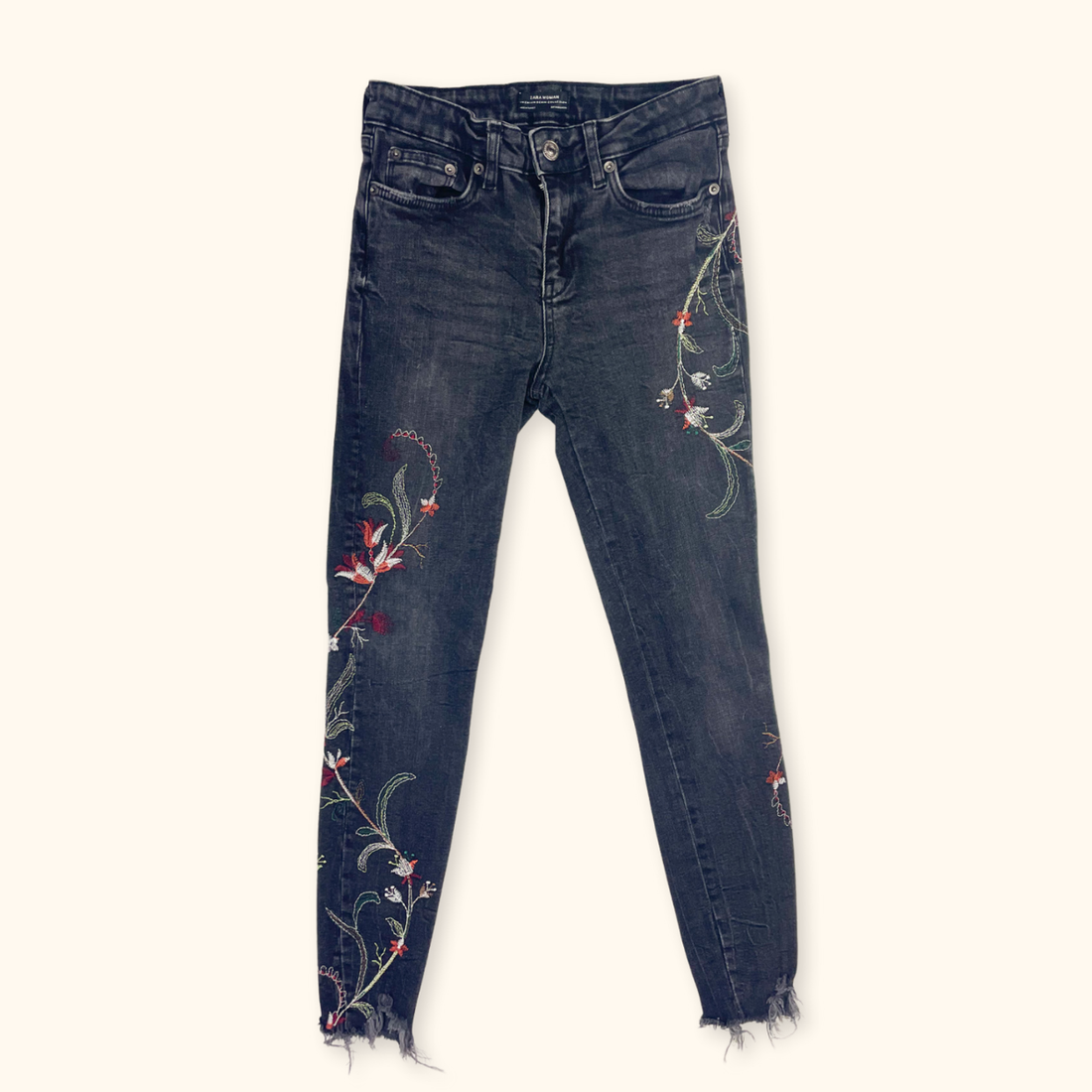 Zara Black Embroidered Floral Skinny Jeans - Size XS