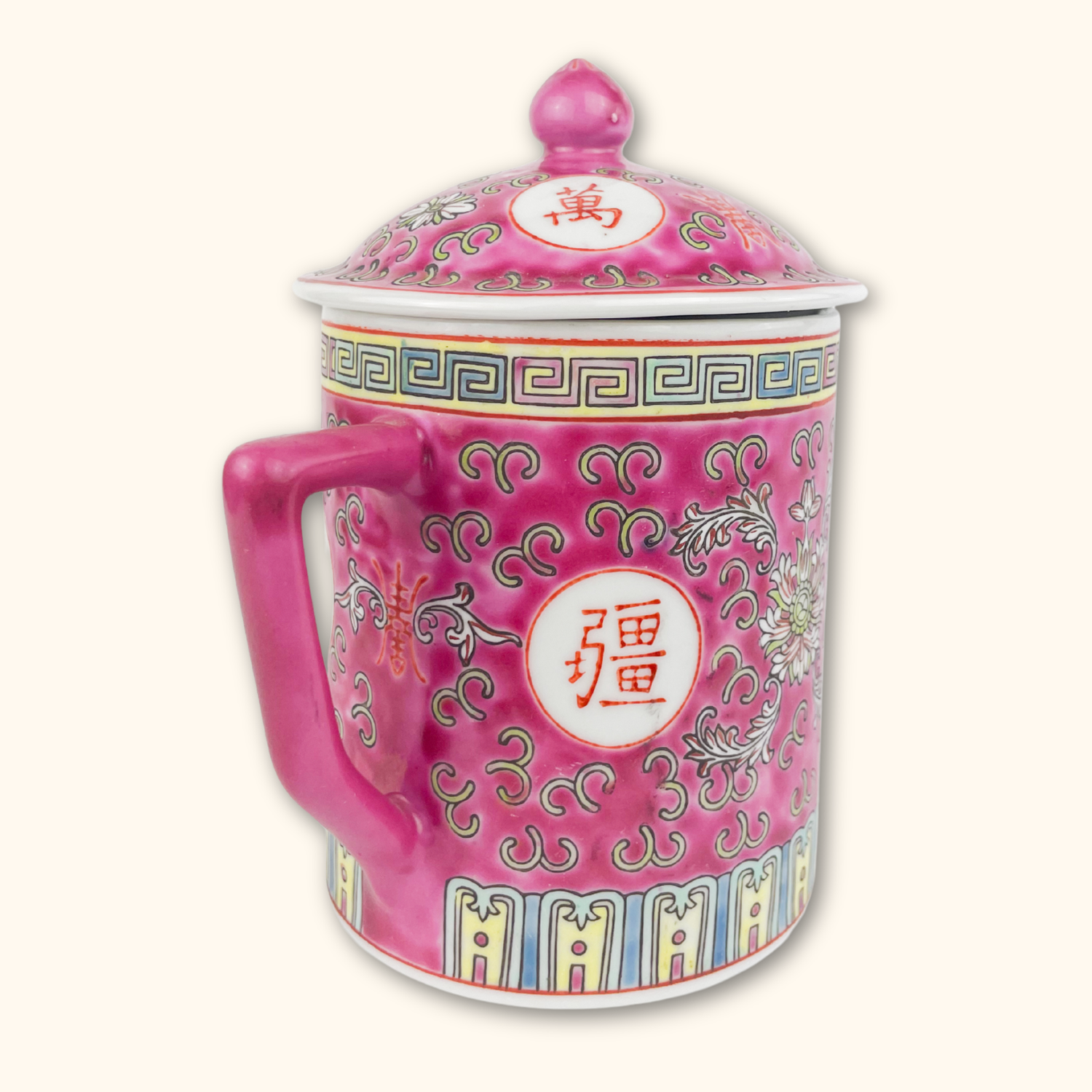 Antique Chinese Longevity Pink Tea Mug with Lid