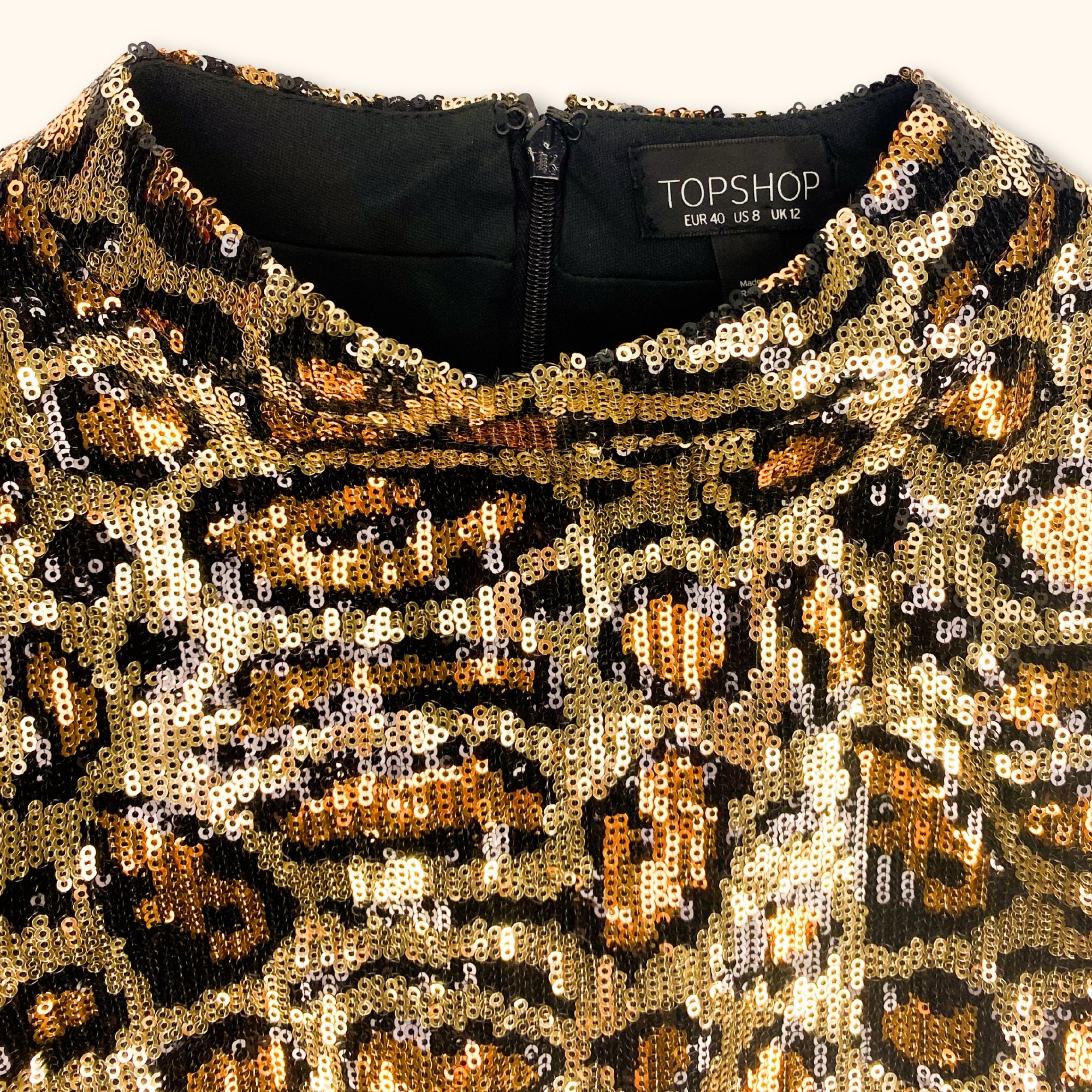 Topshop Leopard Print Long Sleeve Sequin Dress - Size 12 Sunshine Thrift Topshop Leopard Print Long Sleeve Sequin Dress - Size 12 Sunshine Thrift