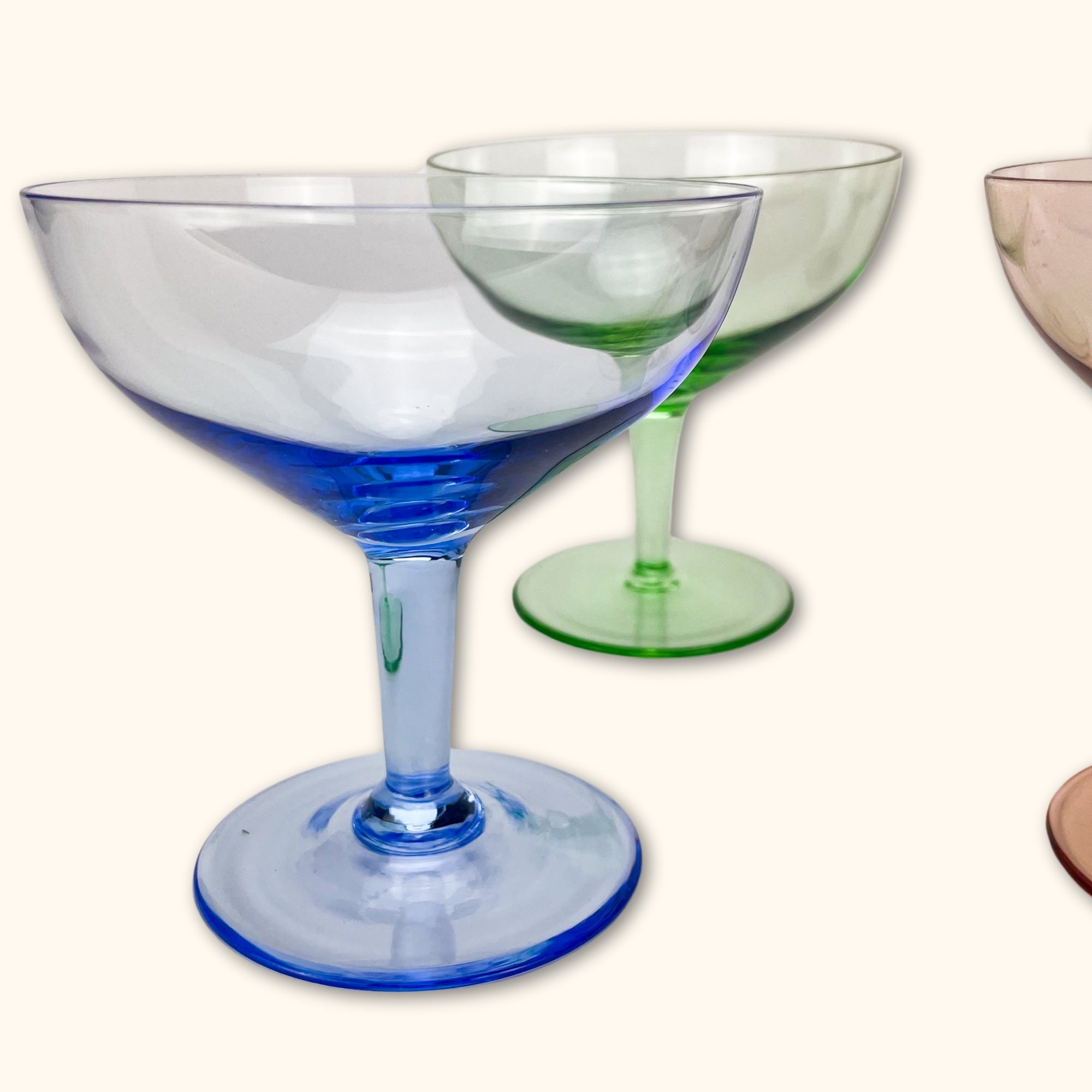 Multi-Coloured Shrunken Champagne Coupe Glasses - Set of 4 - Sunshine Thrift - Kitchenware