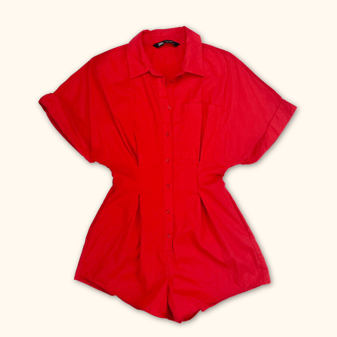 Zara Red Poplin Short Sleeve Cinched Playsuit - Size XS