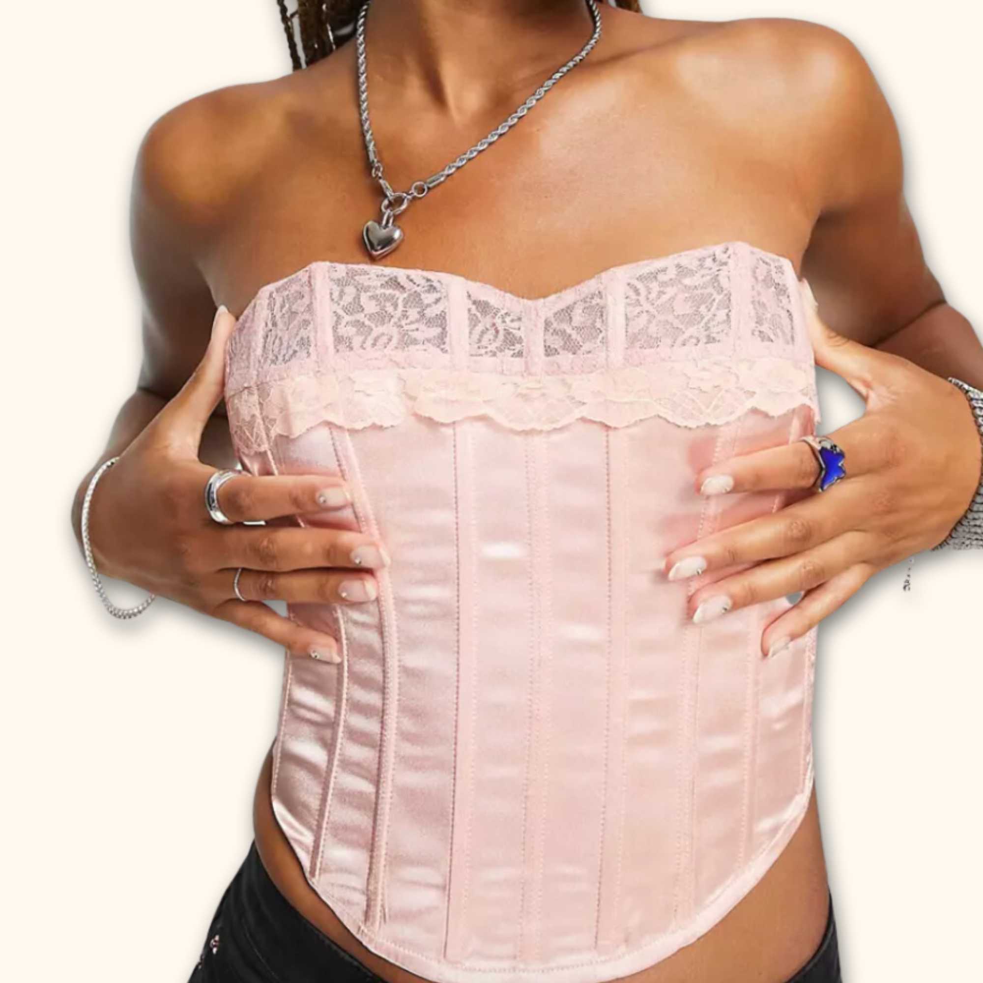 Reclaimed Vintage Pink Corset with Lace Trim - Size 10 - Reclaimed Vintage - Tops