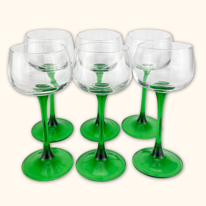 Vintage French Green Stem Wine Glasses - Set of 6 -  - Glasses