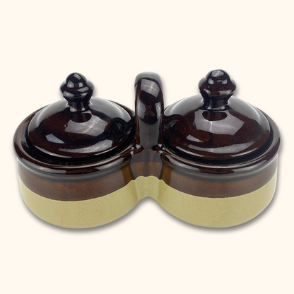Vintage Stoneware Two-Tone Condiment Caddy with Lids - Sunshine Thrift - Kitchenware