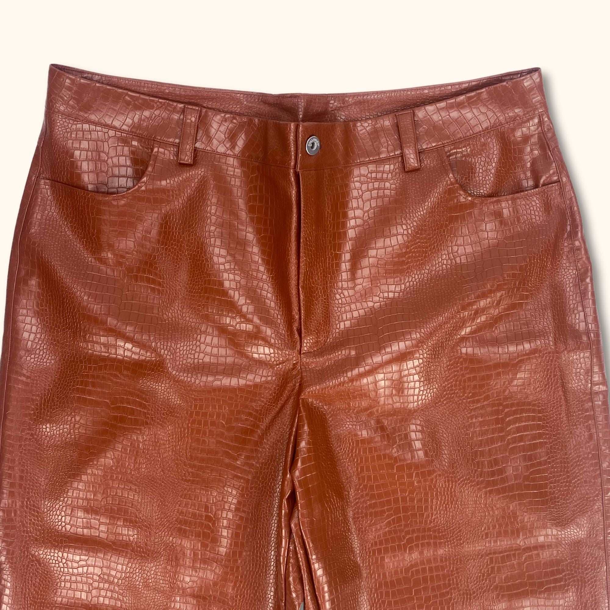 ASOS Design Burnt Orange Croc Faux Leather Straight Leg Trousers - Size 18