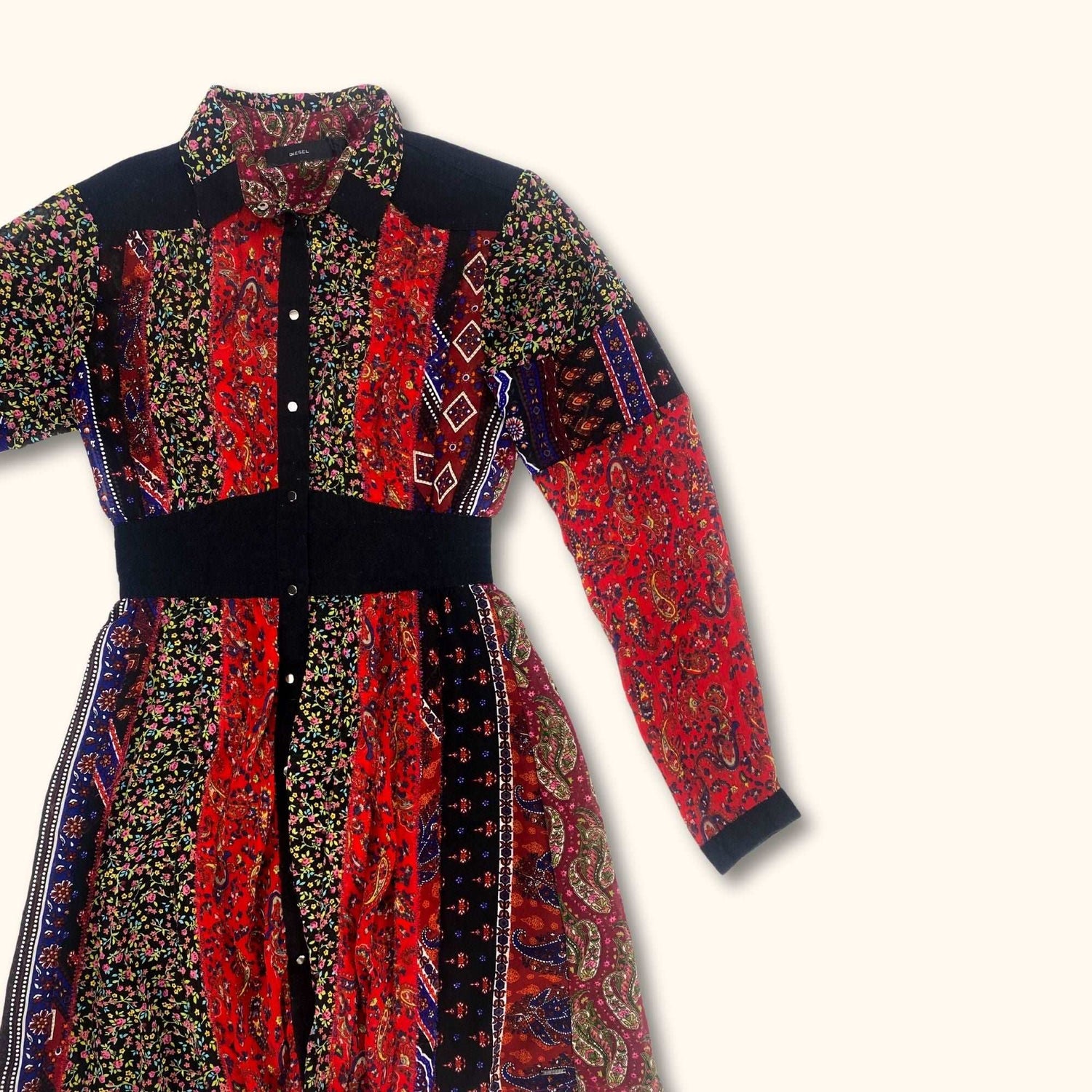 Diesel Red Floral Patchwork Long Sleeve Dress - Size XS