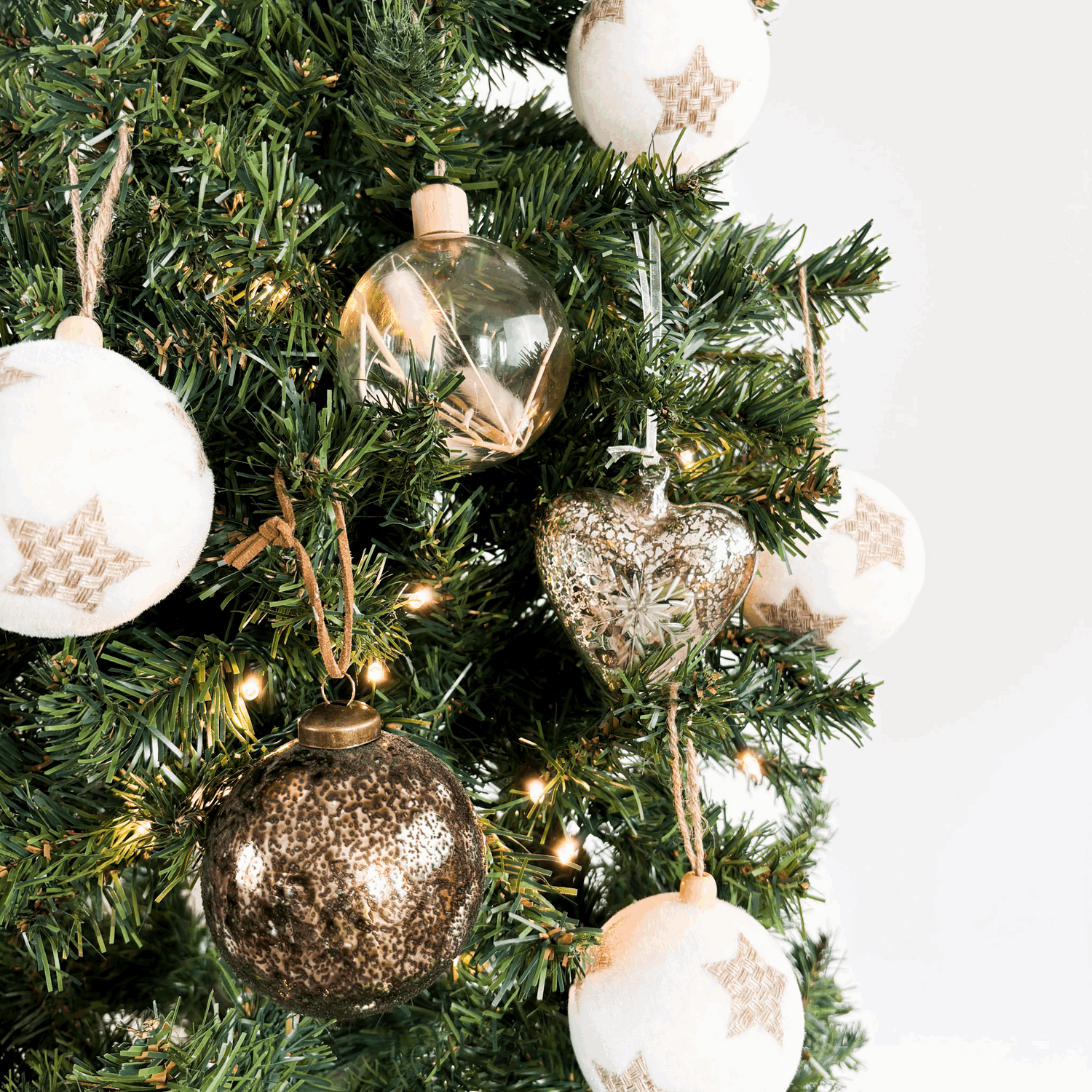 Large Snowy Neutral Baubles Mixed Set of 7 Sunshine Thrift