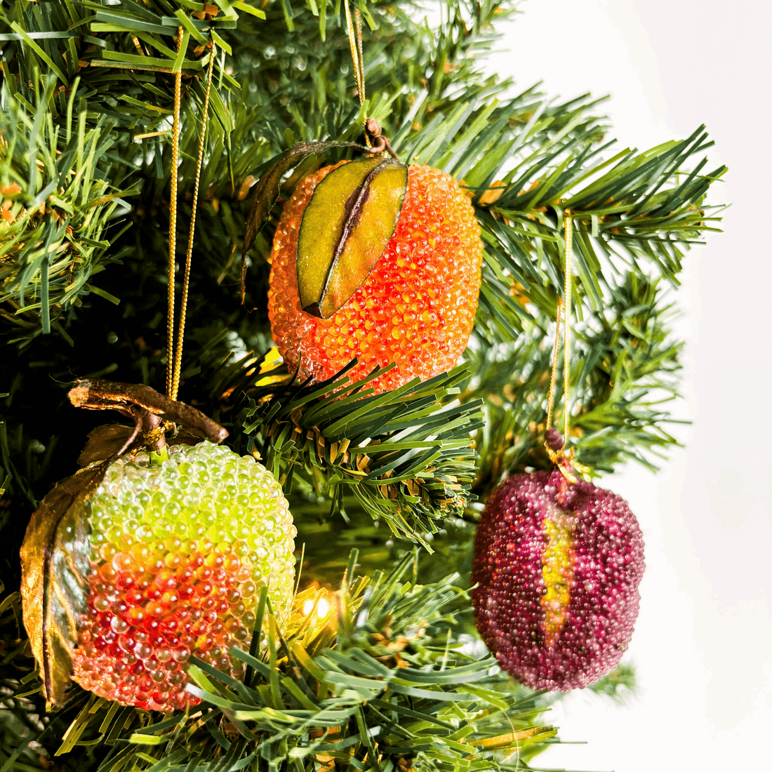 Vintage Sugared Beaded Faux Fruit Hanging Christmas Decorations Set of 3 Sunshine Thrift