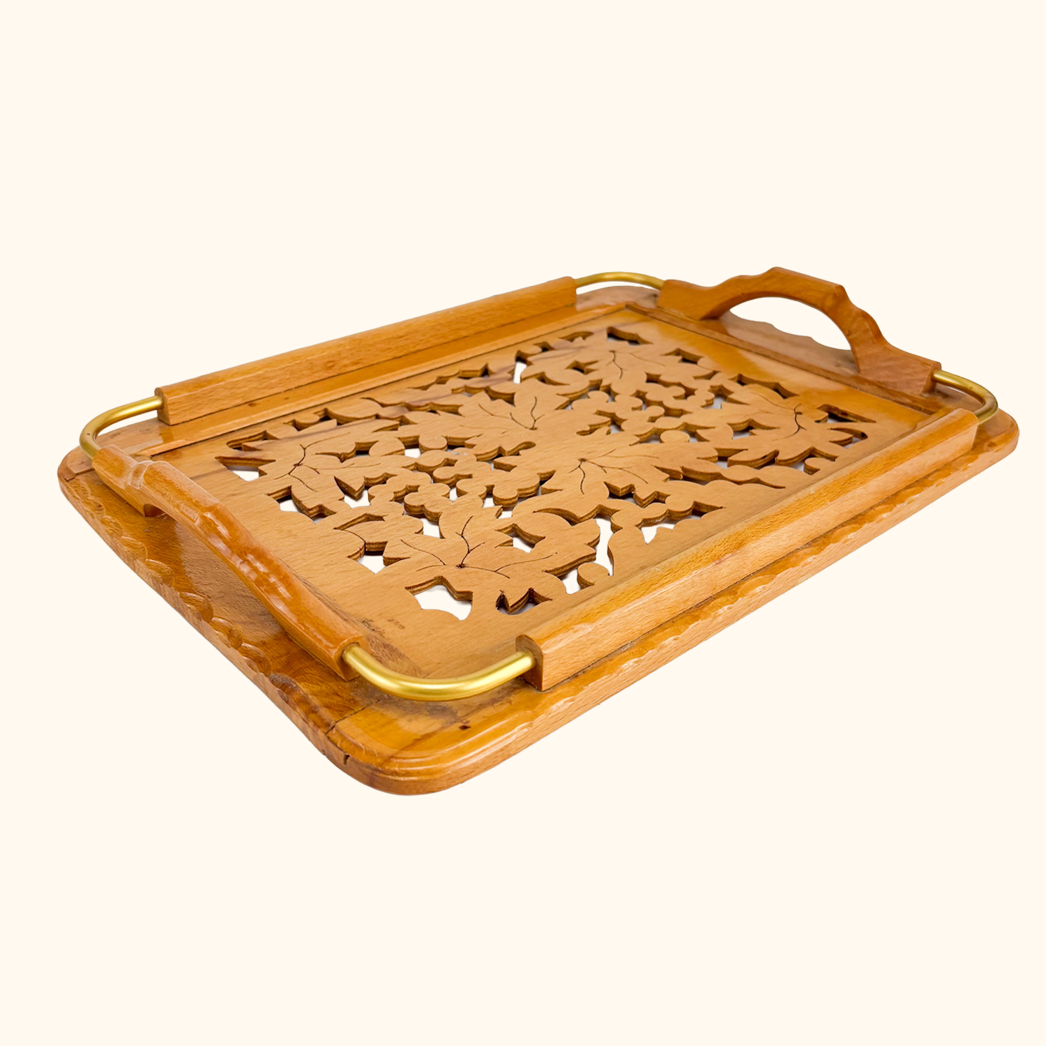 Hand Carved Wood Cut Out Serving Tray Vintage 1980s Sunshine Thrift