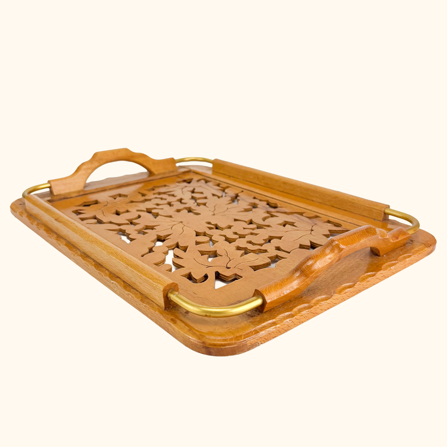 Hand Carved Wood Cut Out Serving Tray Vintage 1980s Sunshine Thrift