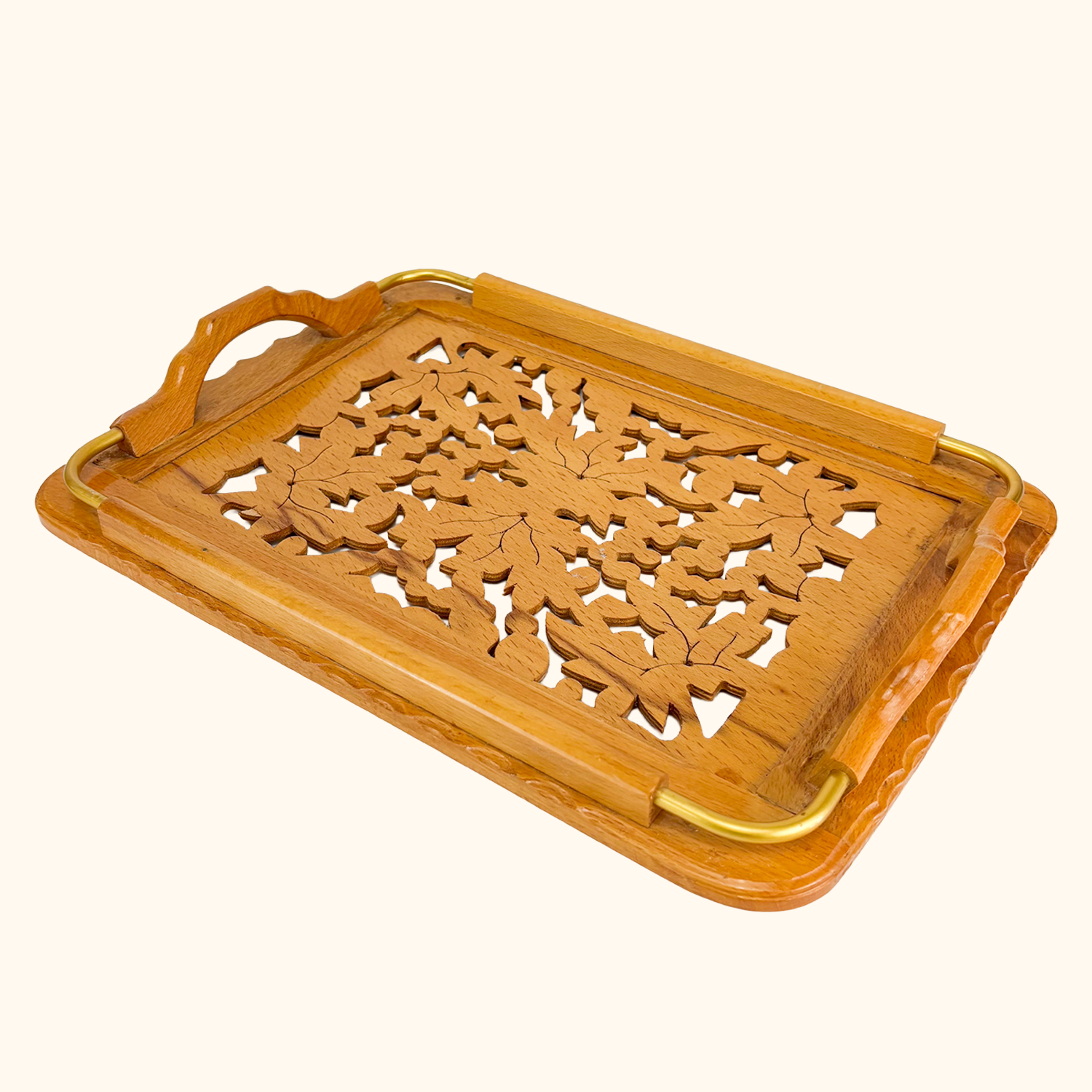 Hand Carved Wood Cut Out Serving Tray Vintage 1980s Sunshine Thrift
