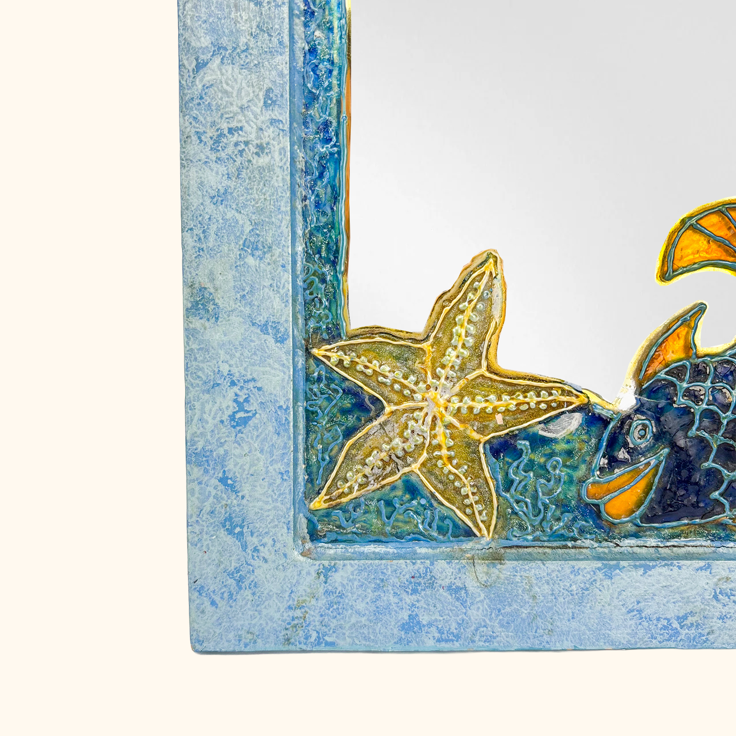 Stained Glass Wood Mirror Blue Fish Starfish Sunshine Thrift