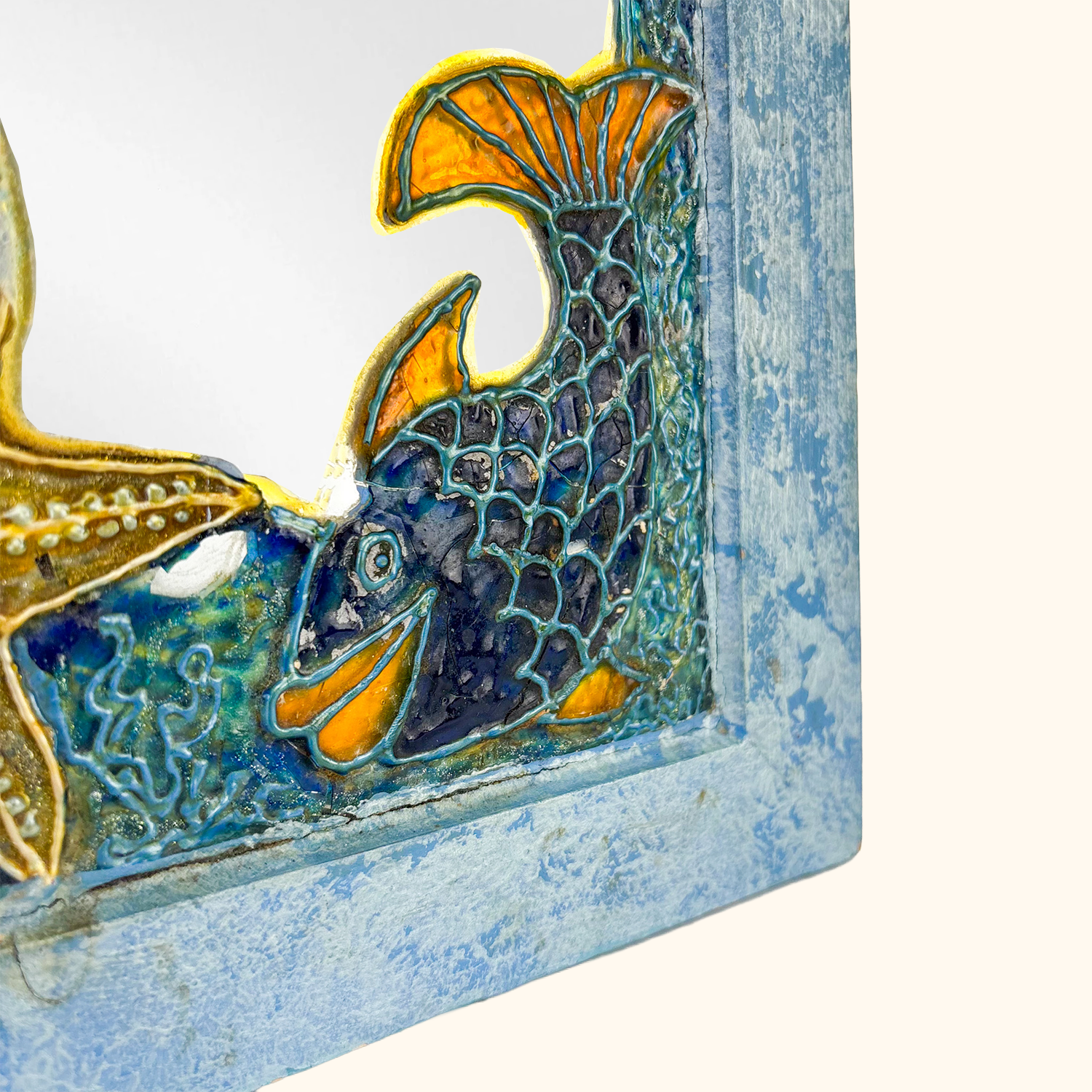 Stained Glass Wood Mirror Blue Fish Starfish Sunshine Thrift