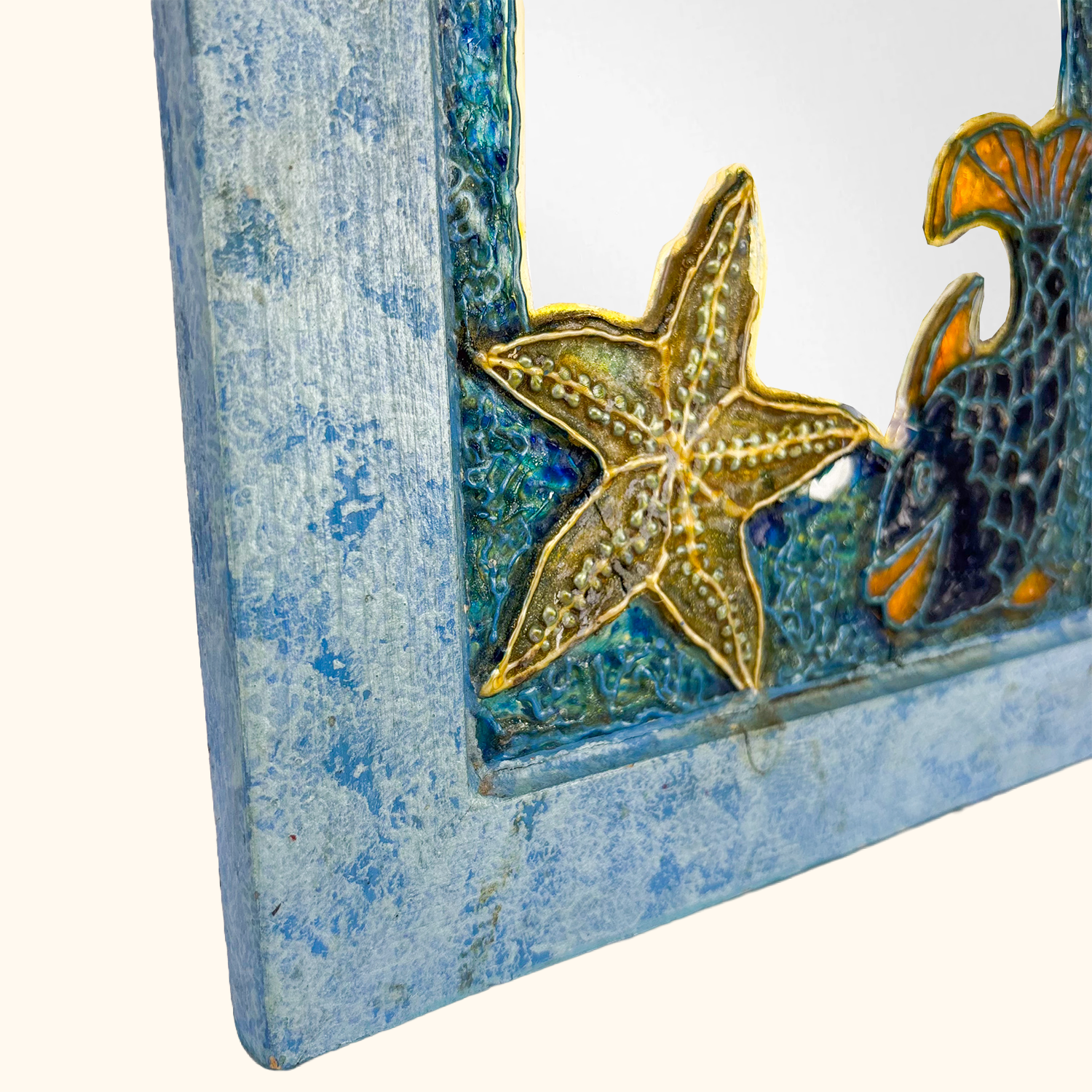 Stained Glass Wood Mirror Blue Fish Starfish Sunshine Thrift