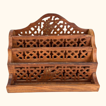 Hand Carved Walnut Letter Rack Brass Inlay Sunshine Thrift
