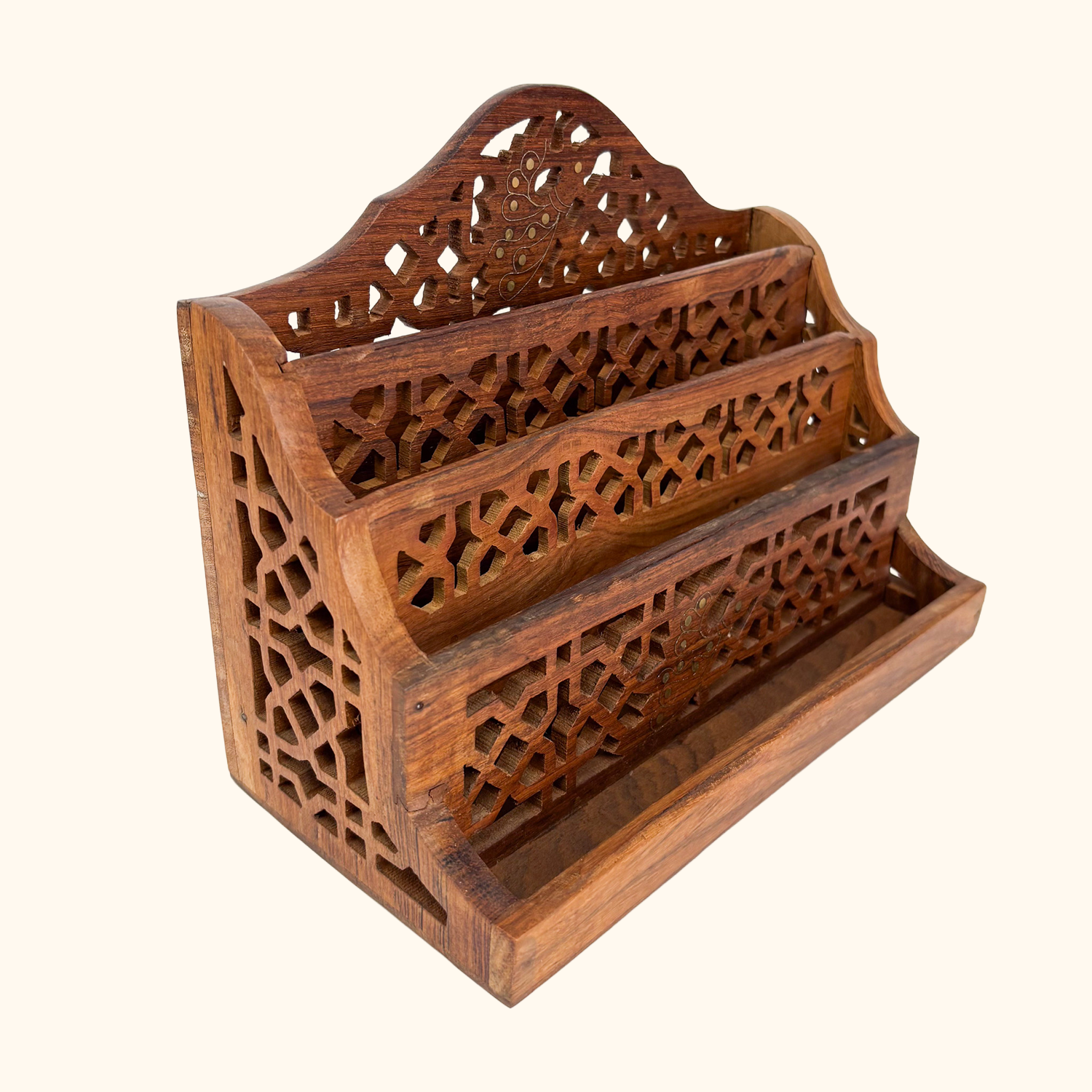 Hand Carved Walnut Letter Rack Brass Inlay Sunshine Thrift