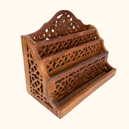 Hand Carved Walnut Letter Rack Brass Inlay Sunshine Thrift