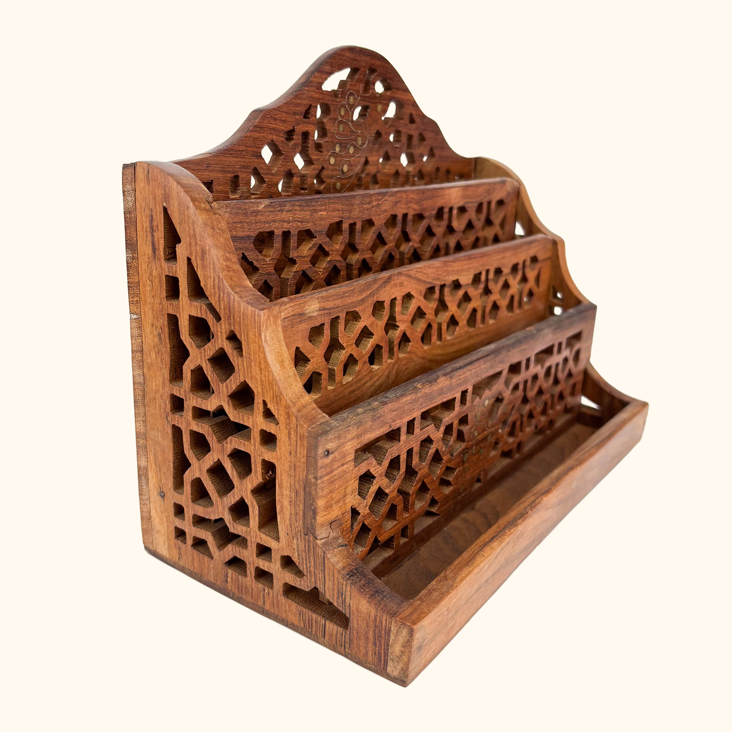 Hand Carved Walnut Letter Rack Brass Inlay Sunshine Thrift