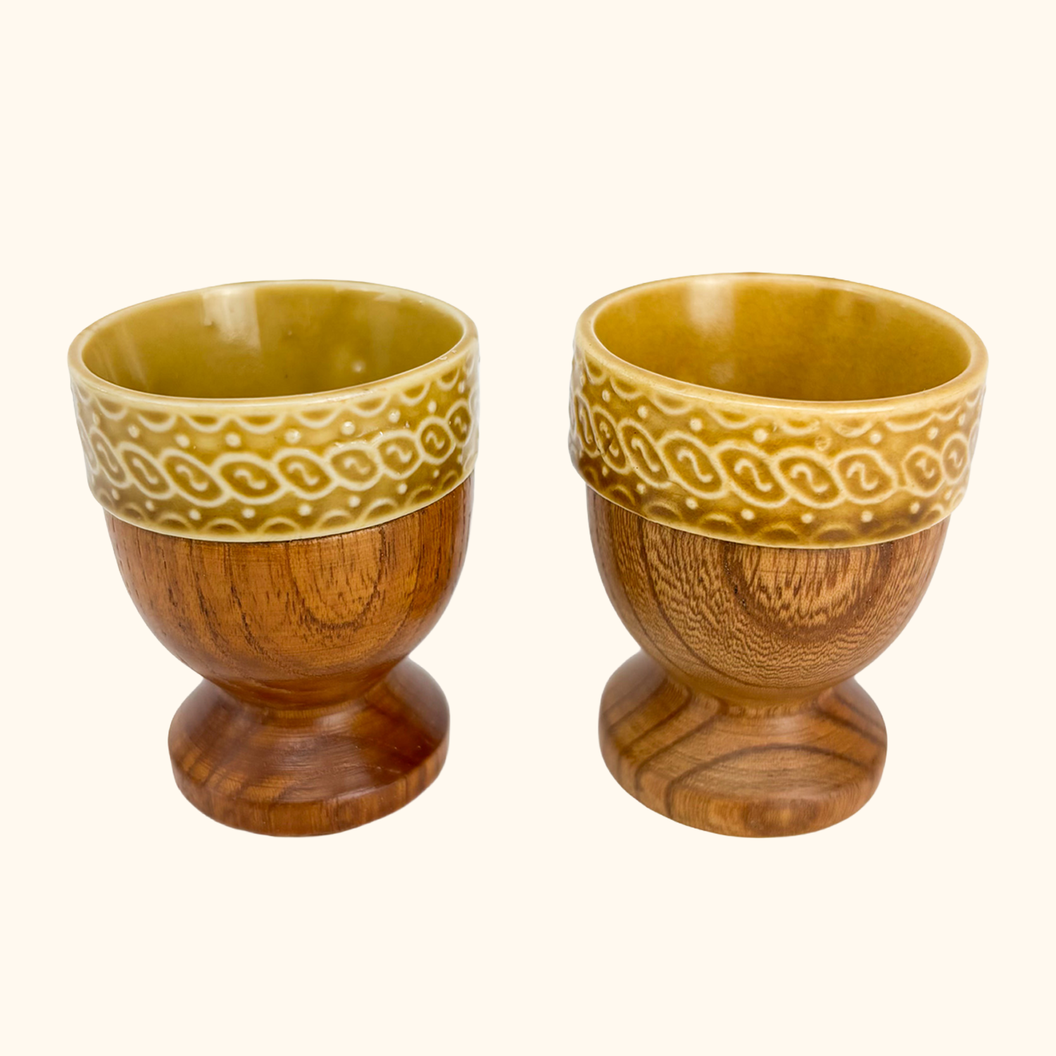 Teak Ceramic Egg Cups Pair Vintage 1960s Sunshine Thrift