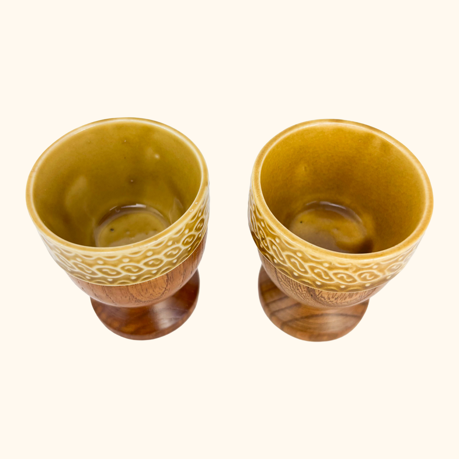 Teak Ceramic Egg Cups Pair Vintage 1960s Sunshine Thrift