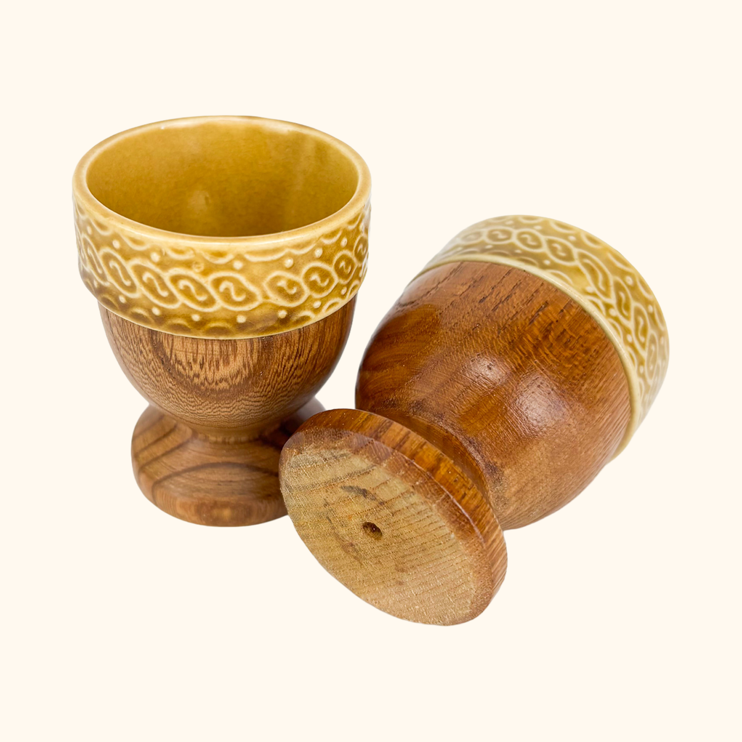 Teak Ceramic Egg Cups Pair Vintage 1960s Sunshine Thrift
