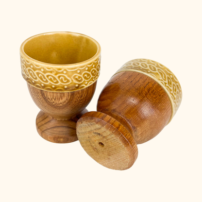Teak Ceramic Egg Cups Pair Vintage 1960s Sunshine Thrift