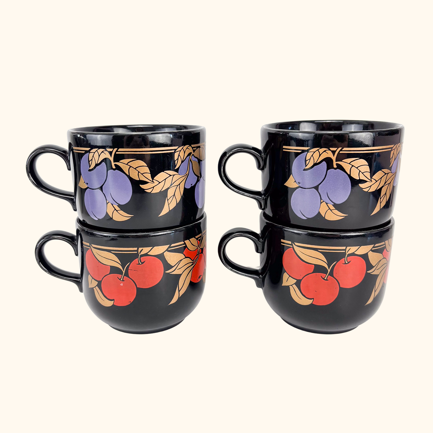 Kiln Craft Black Mugs Plums Apples Vintage 1970s - Set of 4 Kiln Craft