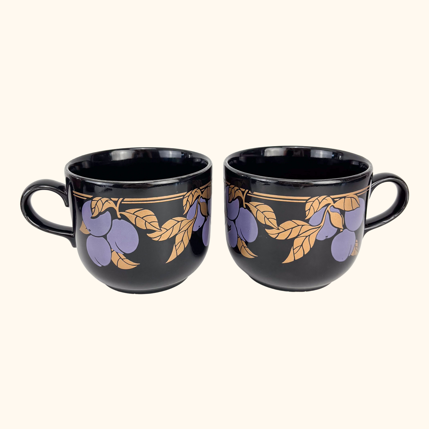 Kiln Craft Black Mugs Plums Apples Vintage 1970s - Set of 4 Kiln Craft