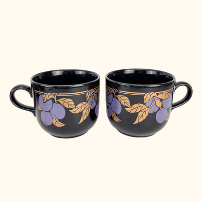 Kiln Craft Black Mugs Plums Apples Vintage 1970s - Set of 4 Kiln Craft