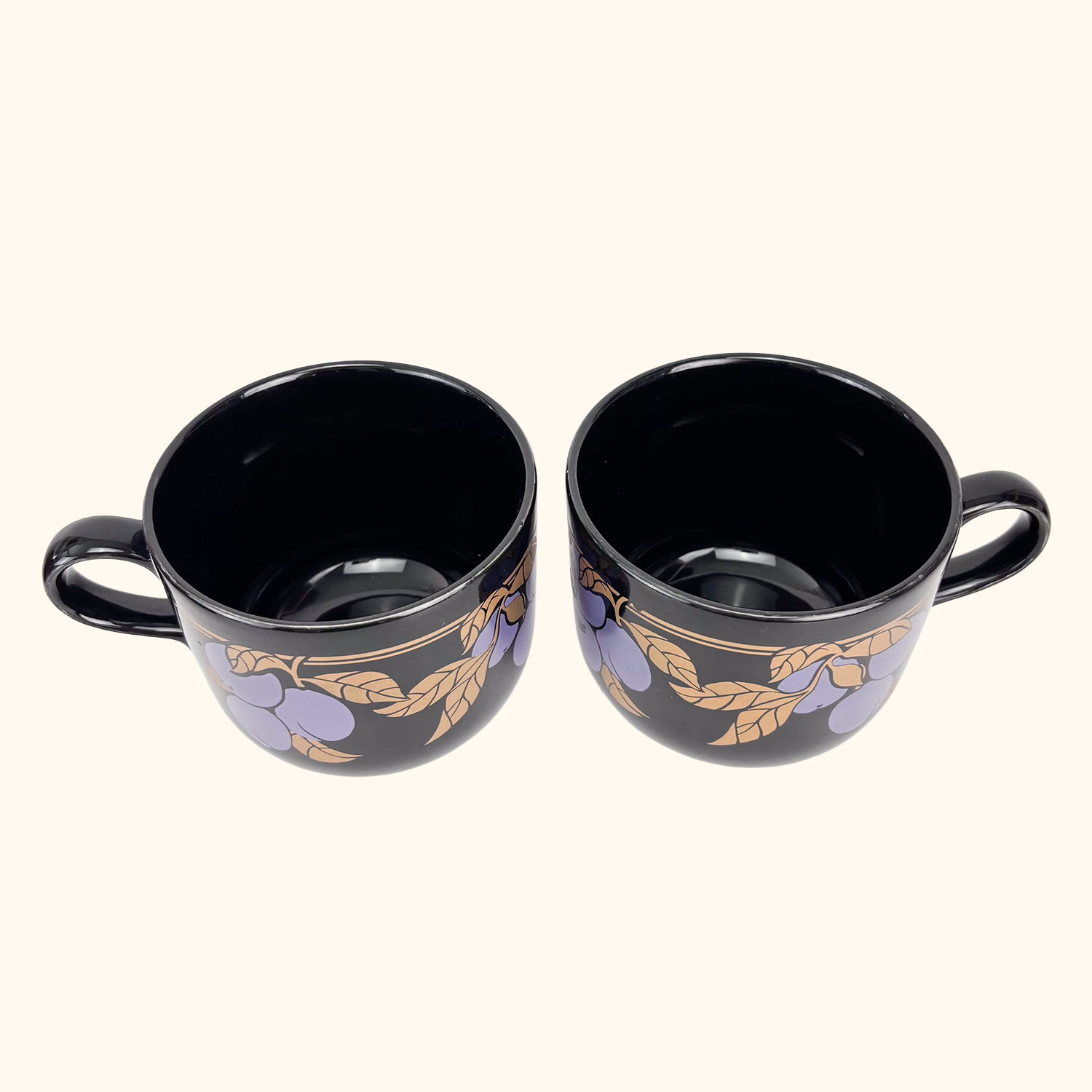 Kiln Craft Black Mugs Plums Apples Vintage 1970s - Set of 4 Kiln Craft