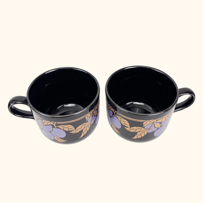 Kiln Craft Black Mugs Plums Apples Vintage 1970s - Set of 4 Kiln Craft