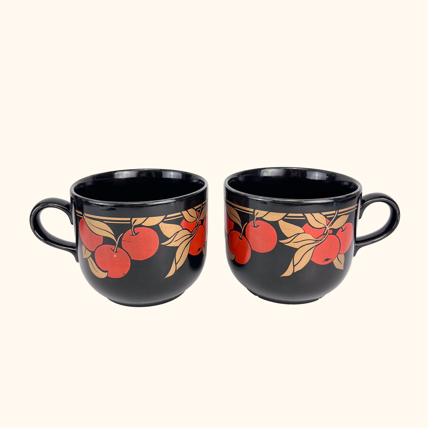Kiln Craft Black Mugs Plums Apples Vintage 1970s - Set of 4 Kiln Craft