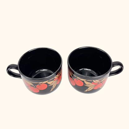 Kiln Craft Black Mugs Plums Apples Vintage 1970s - Set of 4 Kiln Craft