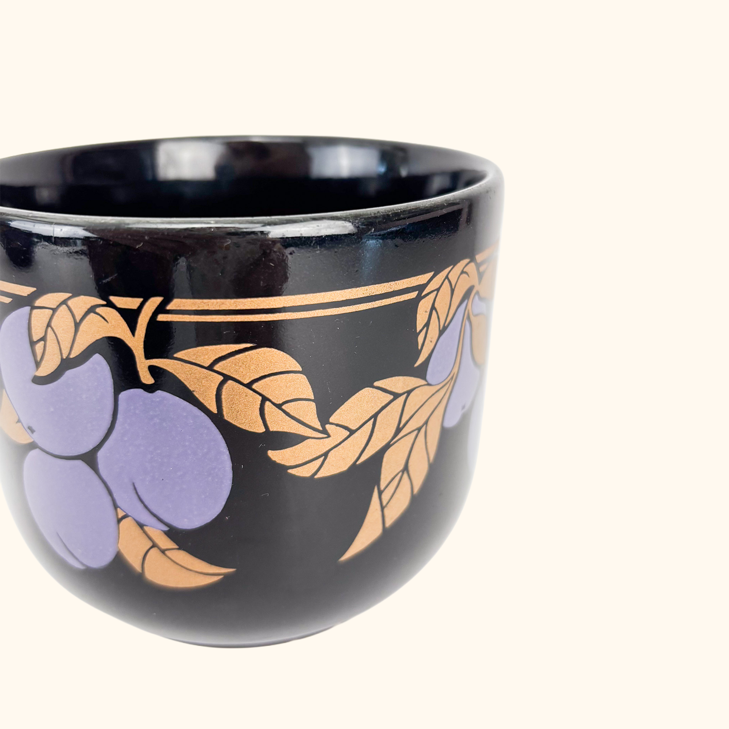 Kiln Craft Black Mugs Plums Apples Vintage 1970s - Set of 4 Kiln Craft