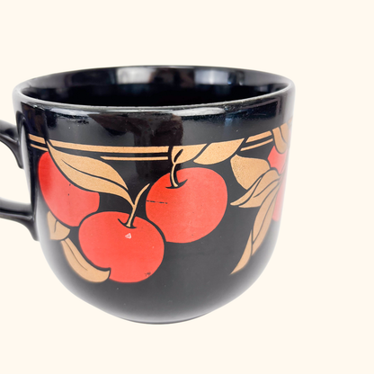 Kiln Craft Black Mugs Plums Apples Vintage 1970s - Set of 4 Kiln Craft
