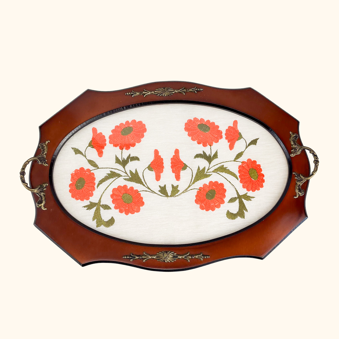 Daisy Floral Embroidery Wood Serving Tray -  - Trays