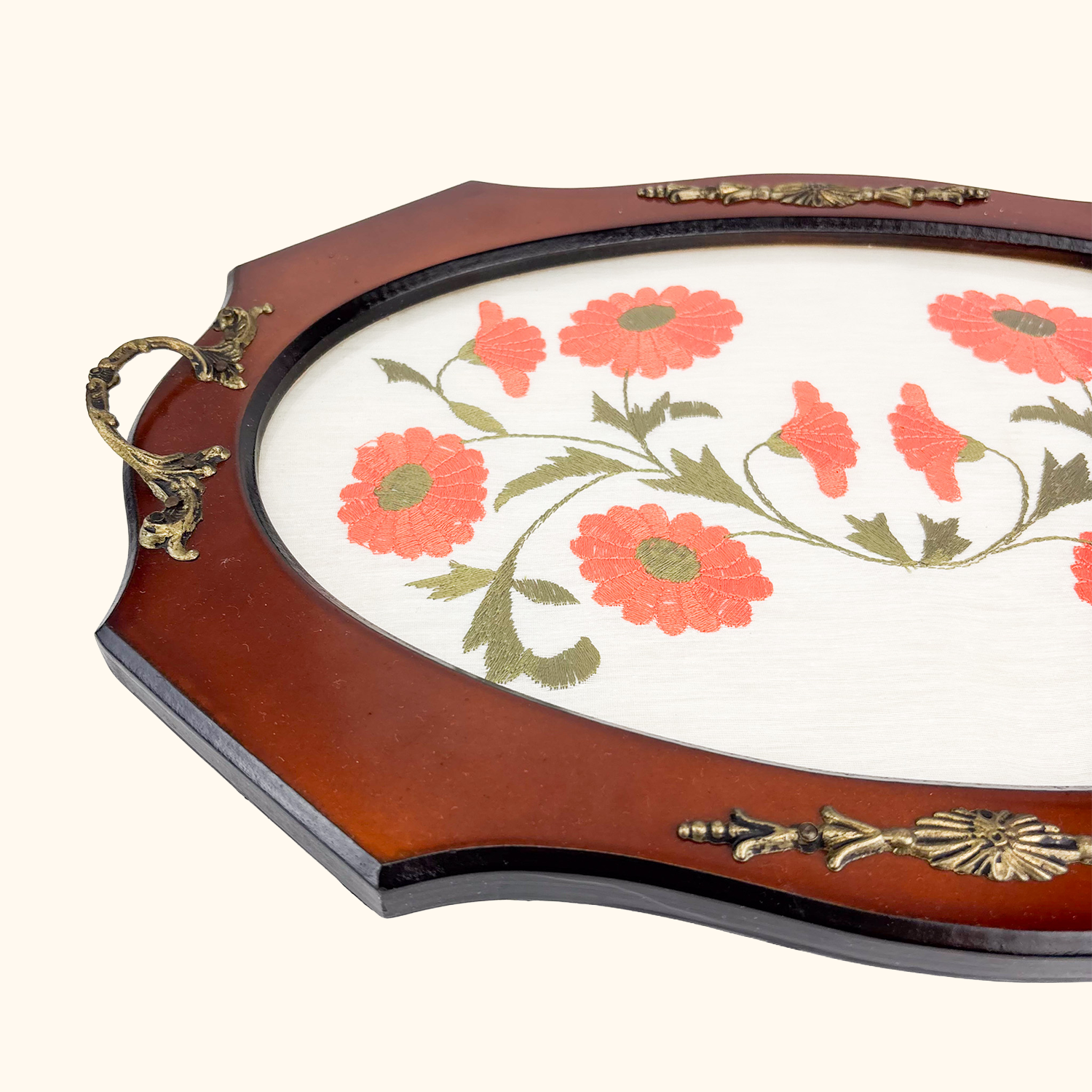 Daisy Floral Embroidery Wood Serving Tray -  - Trays