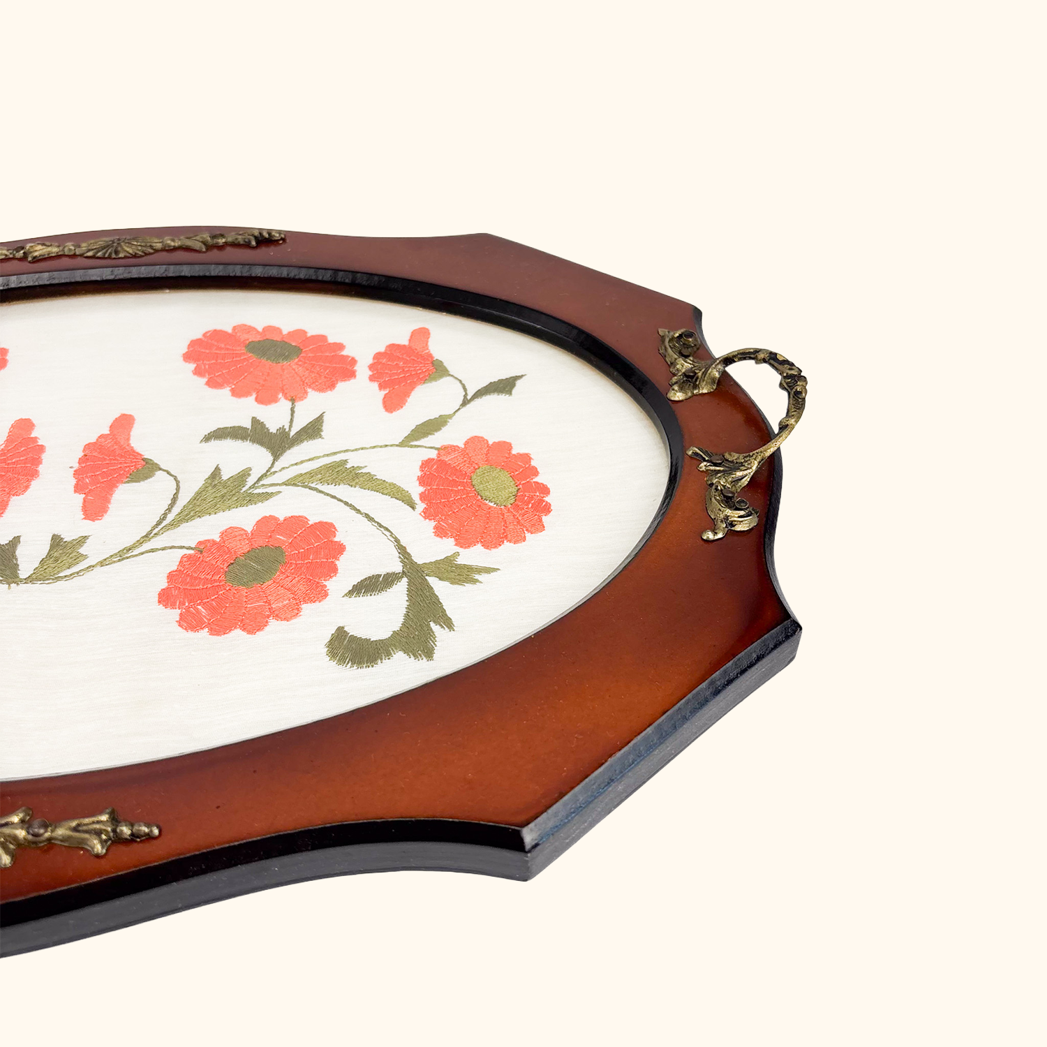 Daisy Floral Embroidery Wood Serving Tray -  - Trays