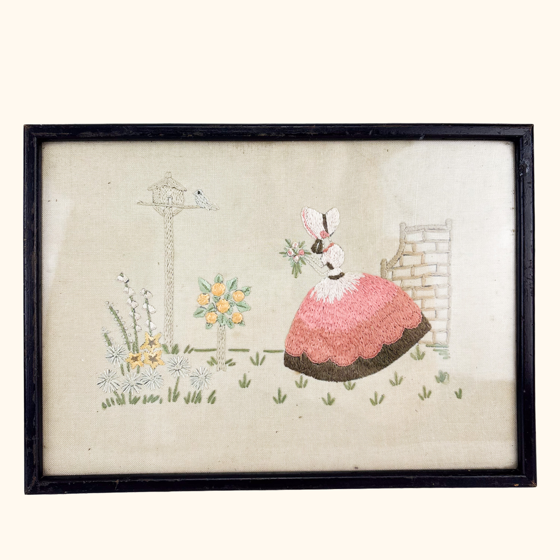 Crinoline Lady Framed Embroidery Cottage Garden Sunshine Thrift