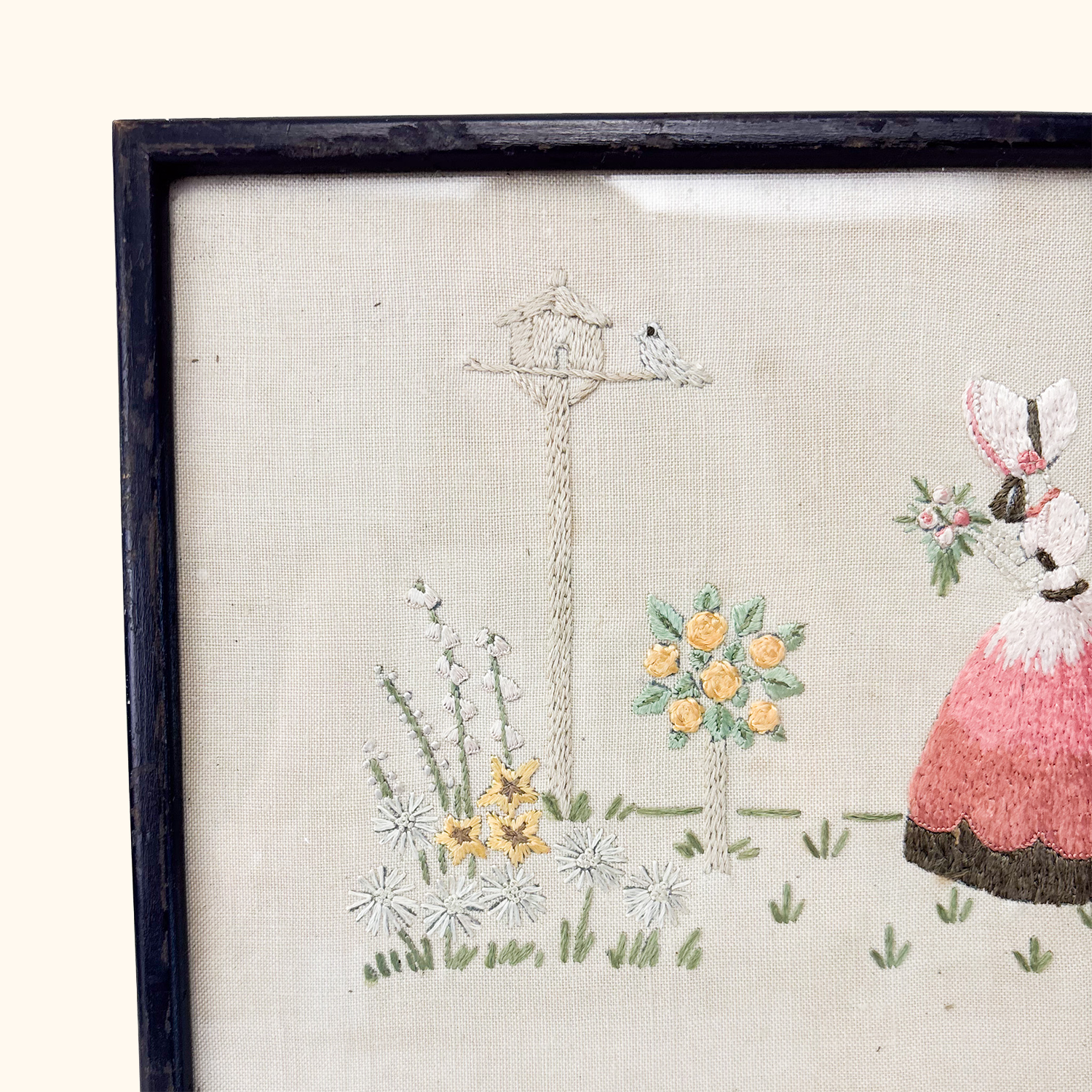 Crinoline Lady Framed Embroidery Cottage Garden Sunshine Thrift