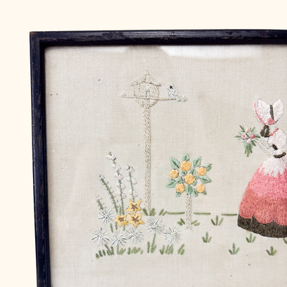 Crinoline Lady Framed Embroidery Cottage Garden Sunshine Thrift