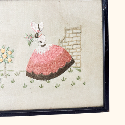 Crinoline Lady Framed Embroidery Cottage Garden Sunshine Thrift